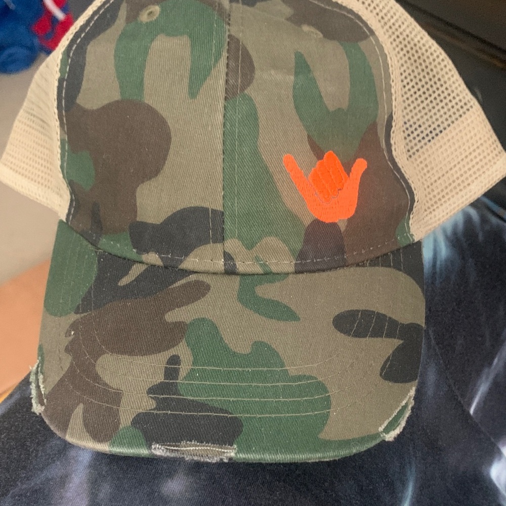 Adams Camouflage and Tan Mesh Hat with Orange Logo